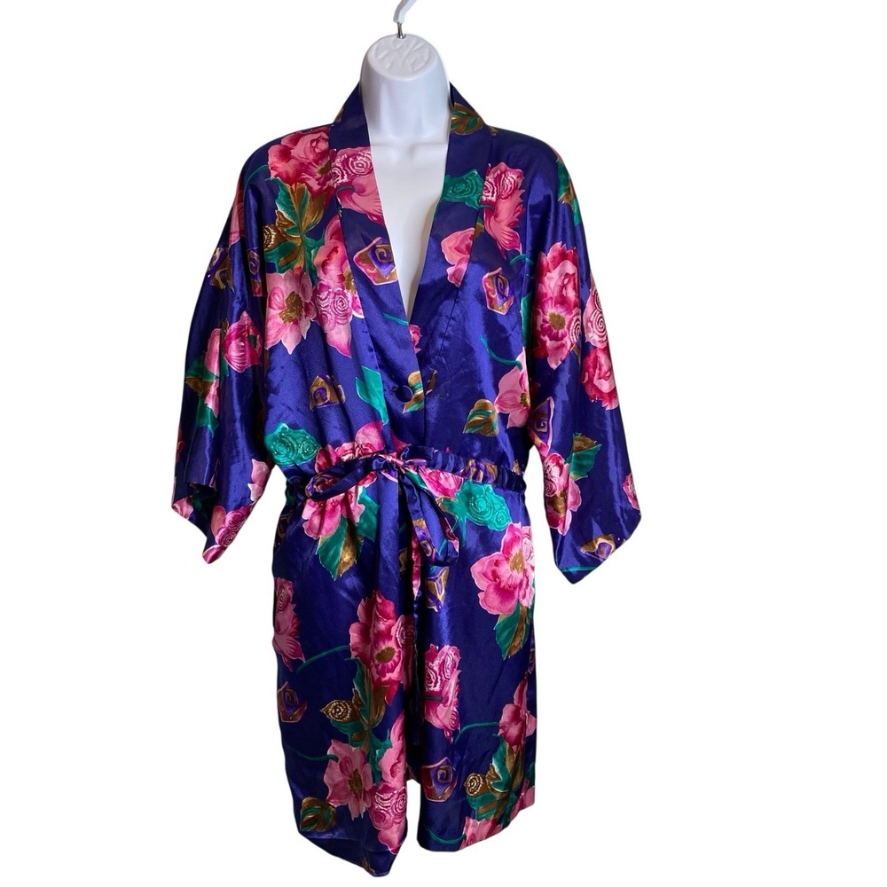 VTG 80s CALIFORNIA DYNASTY‎ Floral Satin Kimono Robe Sz L Asian Vibes Retro-Chic